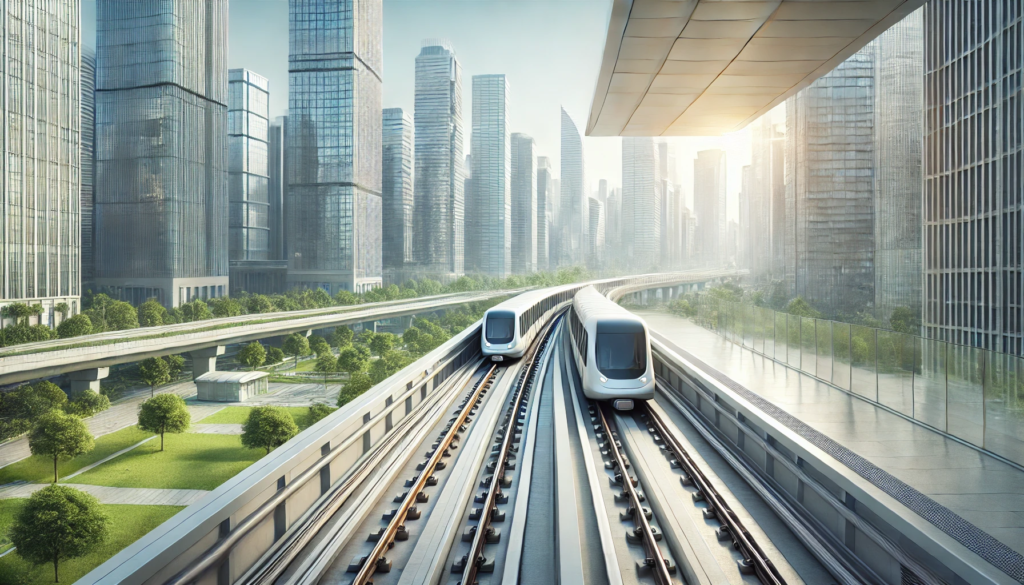 A modern cityscape featuring light rail.